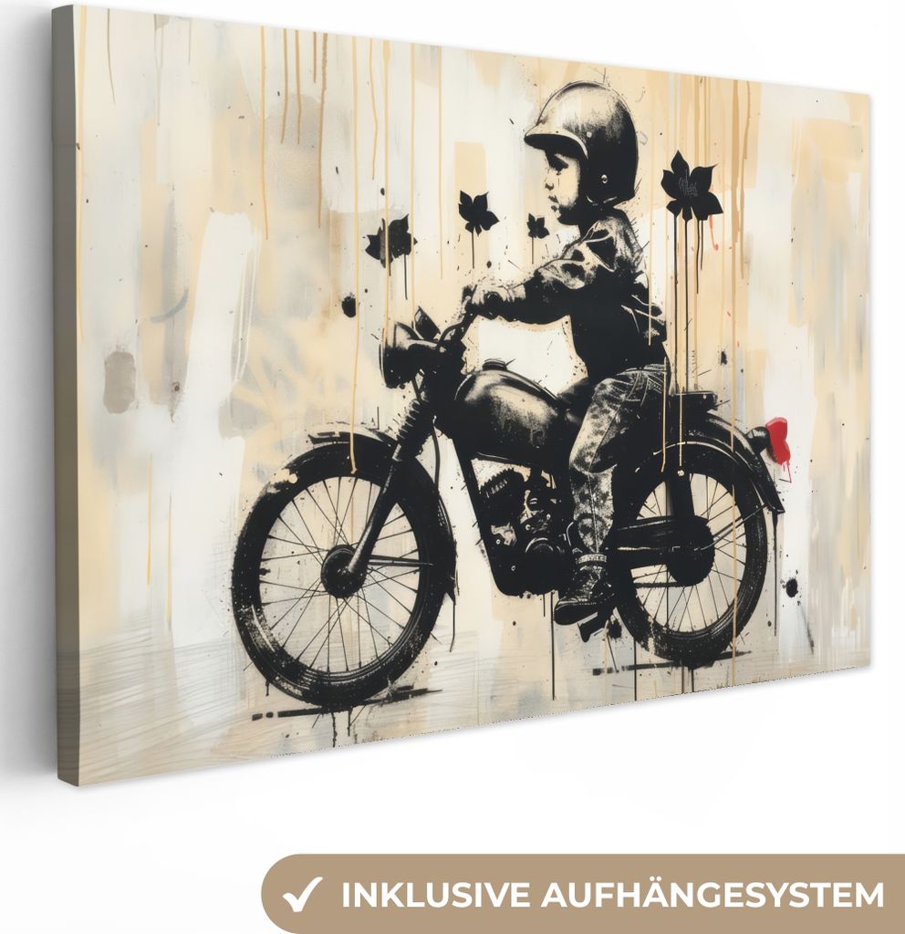 Wanddeko 120x80 cm - Banksy - Straßenkunst - Motorrad - Junge, Wandbilder, Wanddeko Wohnzimmer