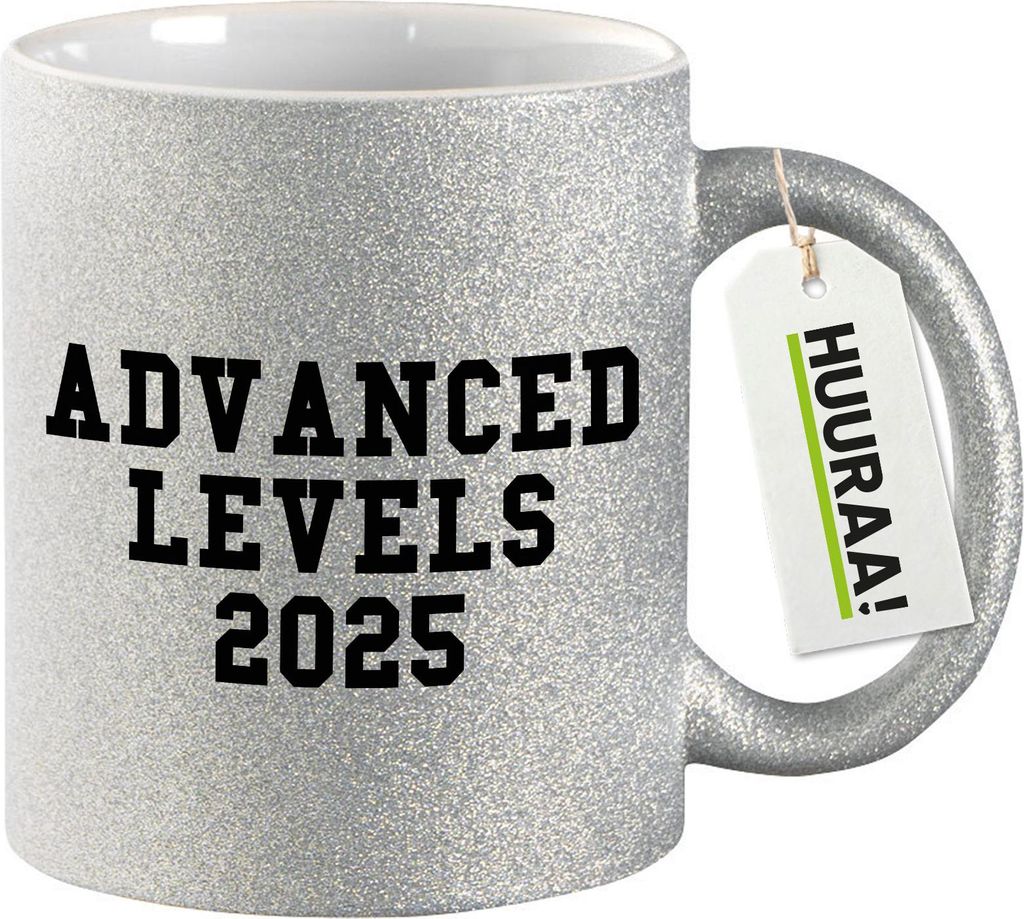 Huuraa Glitzertasse Advanced Levels 2025 Abschluss Großbritannien 330ml Silber Keramik Kaffeebecher Geschenkidee
