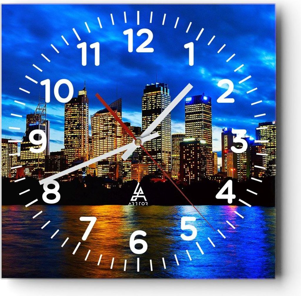 Wanduhr - Quadrat - Glasuhr - Australien Nacht Stadt Wolkenkratzer - 30x30cm - Schleichendes Uhrwerk - Lautlos - zum Aufhängen bereit - Dekoration...