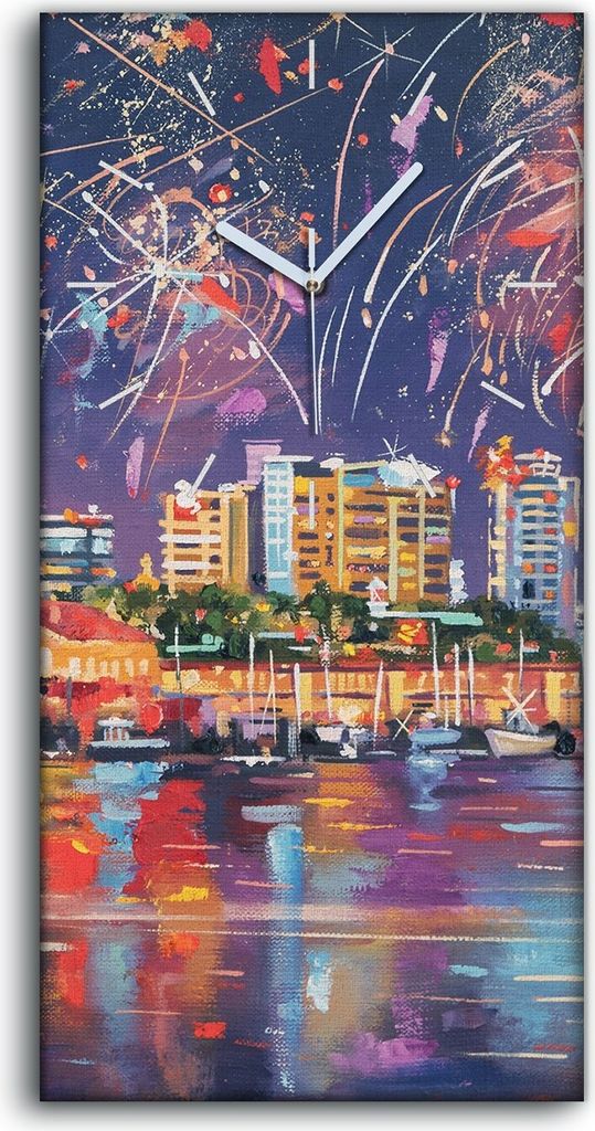 Wohnzimmer-Bild Leinwand Uhr Geräuschlos Kunstdruck 30x60 Stadt Wasser Feuerwerk - weiße Hände