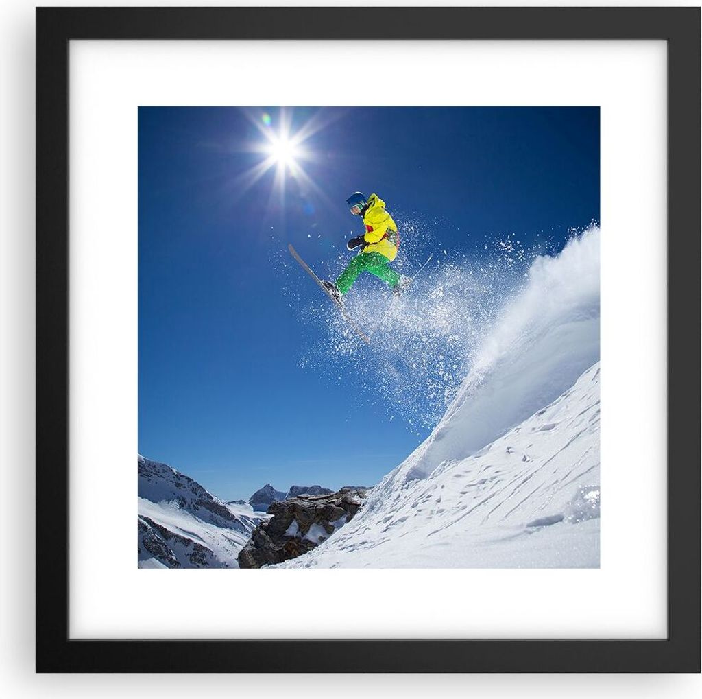 Gerahmtes Poster - Schwarzer Rahmen - Ski Winter Schnee Berg - 30x30 cm - Wand Bild - Wanddeko - Wandbilder - Kunstposter - Wandposter - Bilderrahm...