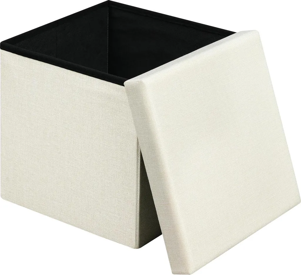 Sgabello e poggiapiedi con contenitore - Sgabello a cubo - 38x38x38 cm - Coperchio rimovibile - Seduta imbottita - Tessuto effetto lino - Crema