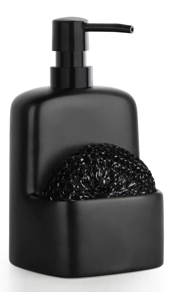 Distributeur savon cuisine céramique noir mat 600ml avec porte-éponge