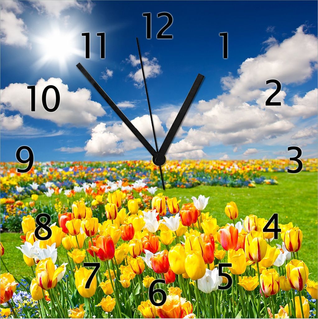 Wallario Design Wanduhr Tulpenwiese unter blauem Himmel aus Echtglas, Größe 30 x 30 cm
