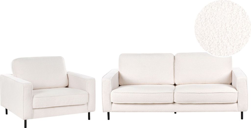 BELIANI Sofa Set Weiß Bouclé 3-Sitzer Sofa und Sessel mit Schwarzem Metallgestell Sitzkissen Klassisch Industrie Design Wohnzimmer-Set Sitzgruppe