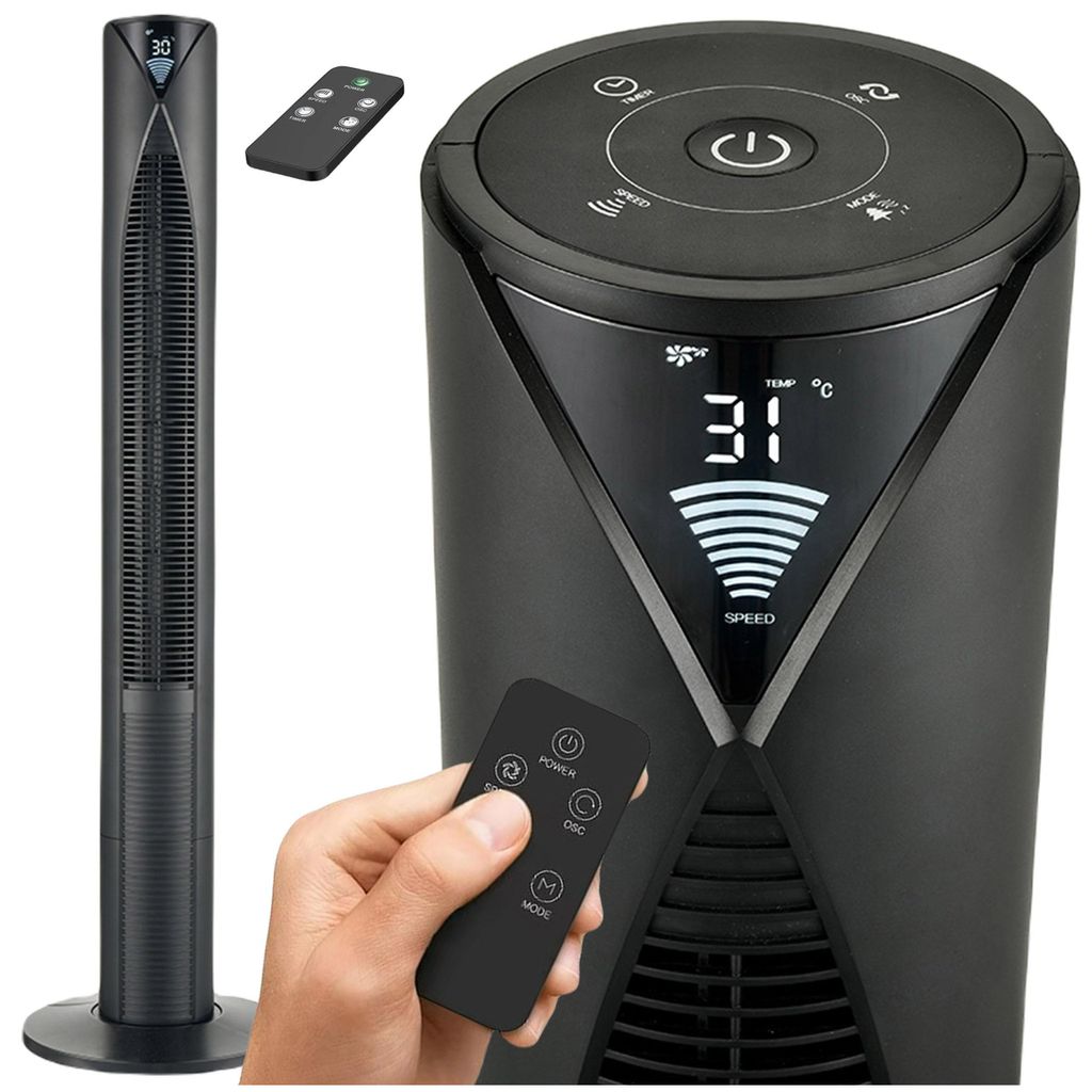A close-up and a full shot of a black tower fan with a remote control.