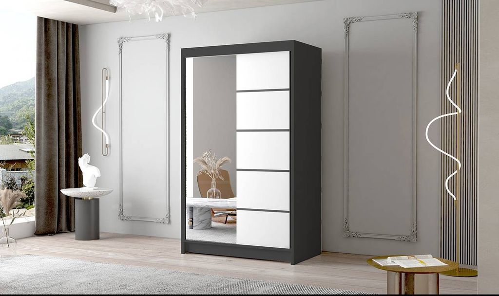 Schwebetürenschrank 2-türig Schrank 120 cm mit Regalen Moderne Kleiderschrank Garderobe für Kleidung Modell FALCO III SCHWARZ / WEISS