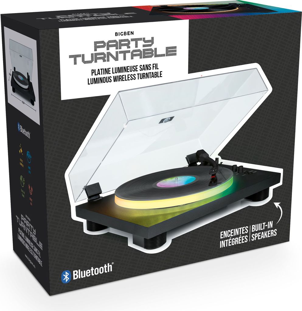 Bigben PARTYBTTDLIGHT Plattenspieler mit integrierten Lautsprechern, Bluetooth und LED-Beleuchtung