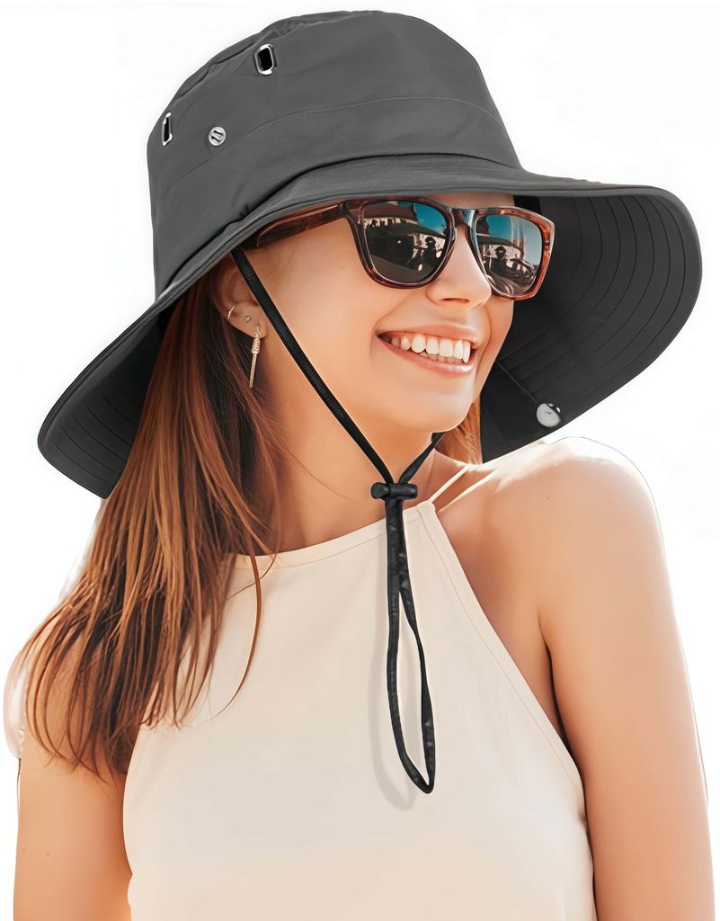 Sonnenhut für Damen und Herren, Breite Krempe, UV-Schutz, Sonnenschutz, Faltbar, Wanderhut, Outdoor Anglerhut, Grau