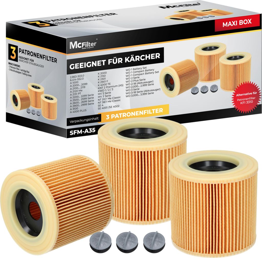 McFilter | 3x Patronenfilter für Kärcher Staubsauger WD2, WD3, A-Serie, SE 4001, SE 4002, ersetzt Kärcher Filter 6.414-552.0, 6.414-772.0, 6.414...