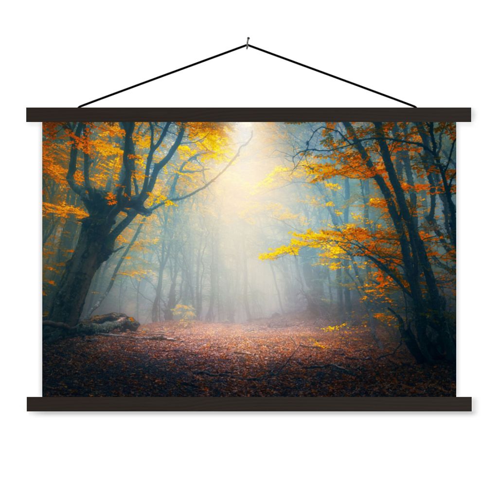 MuchoWow Textilposter Wald - Nebel - Herbst 60x40 cm mit schwarzem Rahmen - Hölzernes