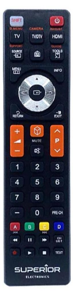 A black remote control with various buttons and labels.