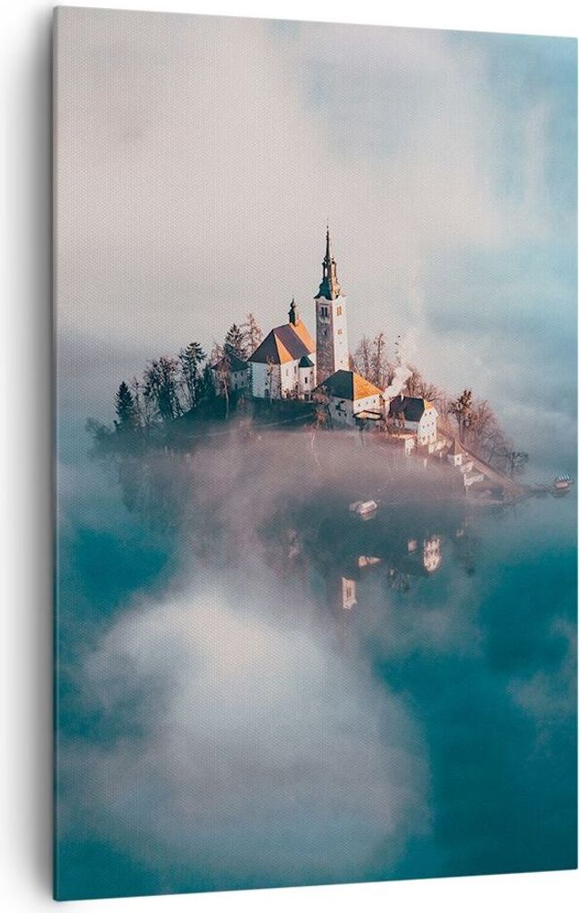 Bild auf Leinwand - Leinwandbild - Einteilig - Alpen Bled Kirche - 80x120cm - Wand Bild - Wanddeko - Wandbilder - Leinwanddruck - Wanddekoration - ...