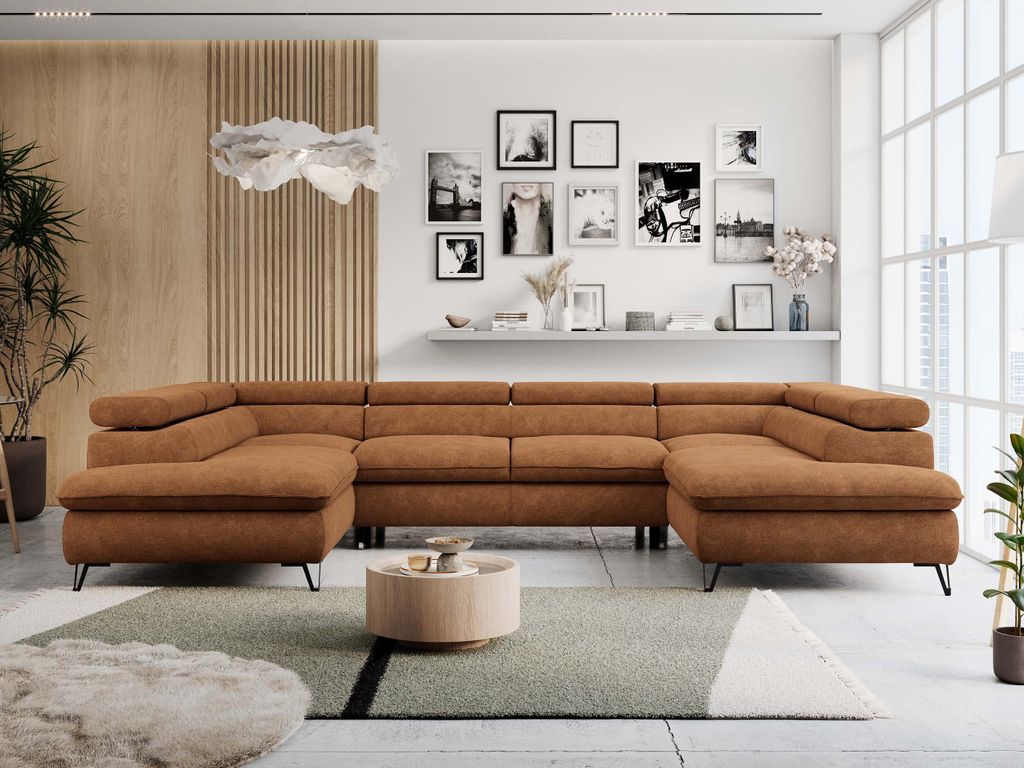 Ecksofa, Universelles, Schlaffunktion, Bettkasten, U-förmig, einstellbare Kopfstützen, Bettsofa - PETER U - Struktur - Orange