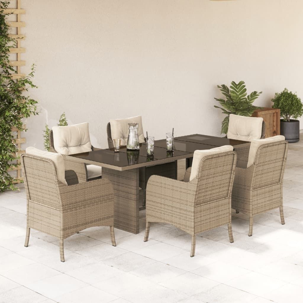Design 7-tlg. Garten-Essgruppe mit Kissen Beige Poly Rattan, Gartenmöbel-Sets 2024 Neu
