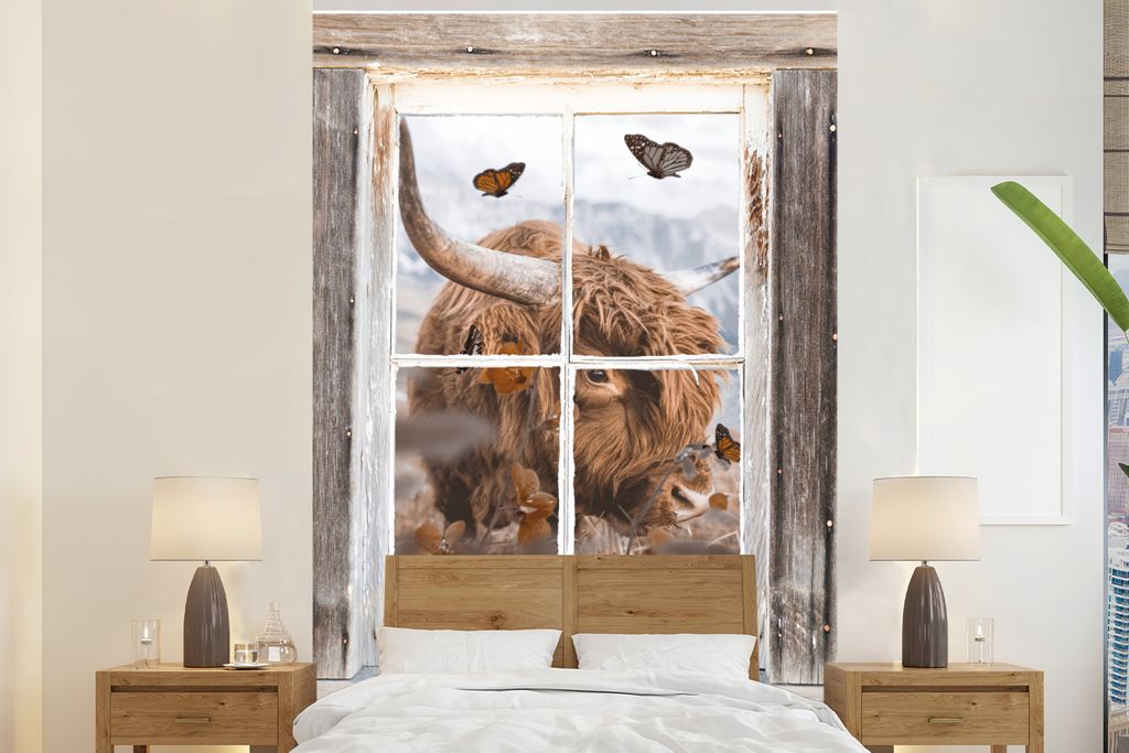 MuchoWow Fototapete für Wohnzimmer oder Schlafzimmer Wandtapete Vinyl Motivtapete Scottish Highlander - Ansicht - Blumen - 200x300 cm - Wanddeko...