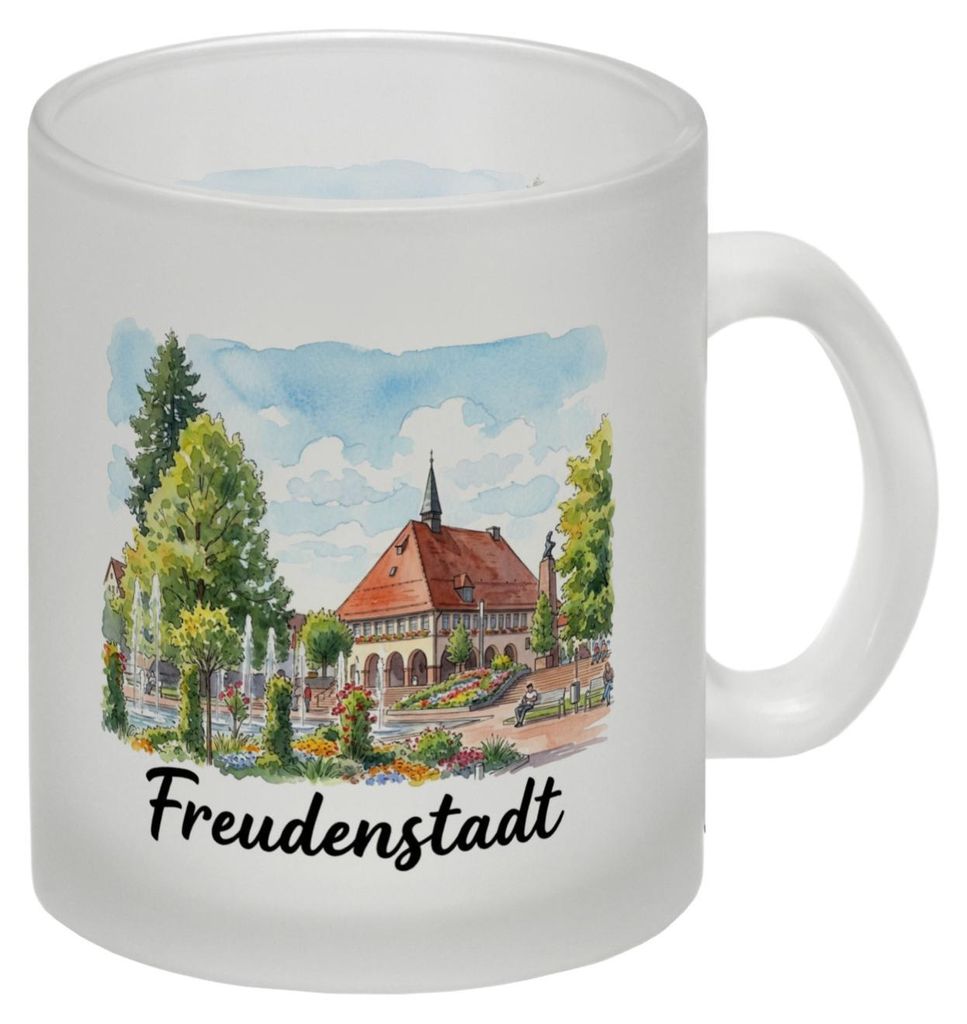 Freudenstadt Glas Tasse mit Rathaus-Motiv
