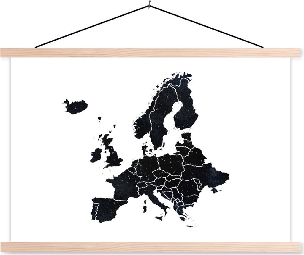 MuchoWow Textilposter Karte von Europa - Aquarellfarbe - Schwarz 60x40 cm mit holzfarbenen Rahmen - Bilder