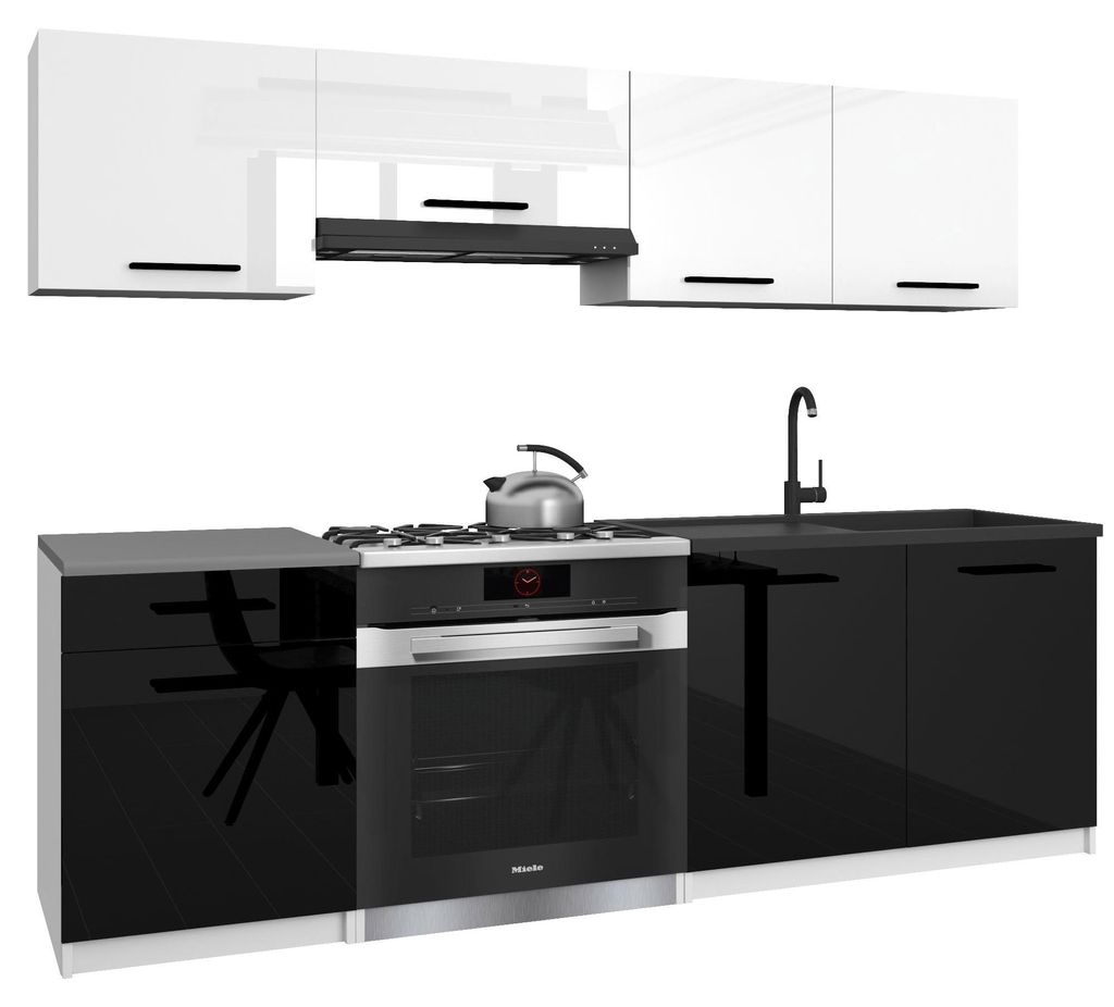 Belini Moderne Küchenzeile Küchenblock ITALIA 1 - Küchenmöbel 180cm Weiß-Schwarz Hochglanz - Einbauküche mit Hängeschränke, Unterschränke ...