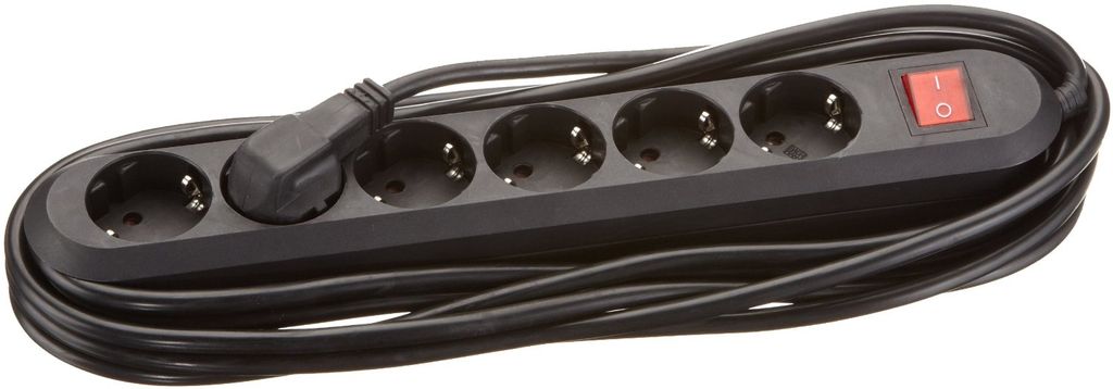 A black power strip with six outlets and a red on/off switch, coiled with its black cord on a white background.