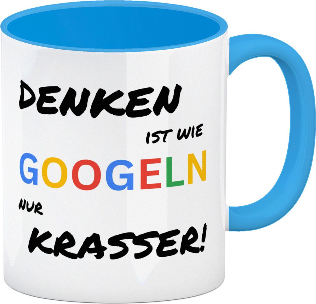 Suchmaschine Kaffeebecher in blau mit Spruch Denken ist wie googeln nur krasser