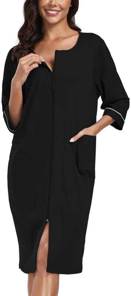 COLORFULLEAF Peignoir Femme Noir 2XL en Pur Coton avec Fermeture Éclair