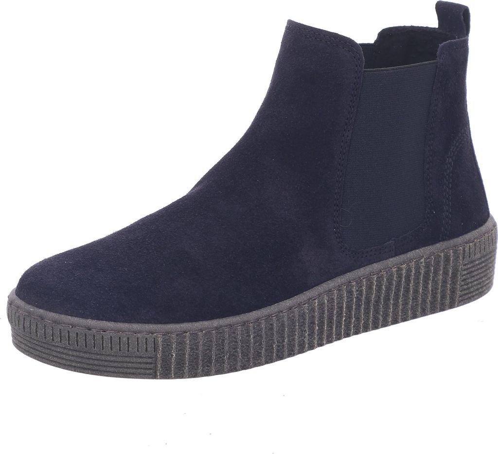 A single blue Chelsea boot is shown against a white background.