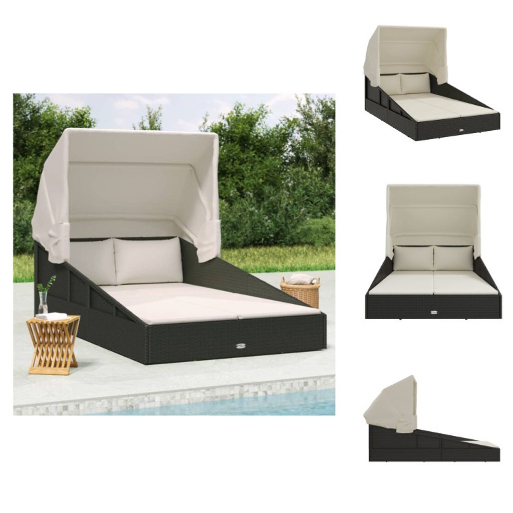 vidaXL Sonnenliege mit Faltdach Schwarz 200x114x128 cm Poly Rattan - Gartenbetten