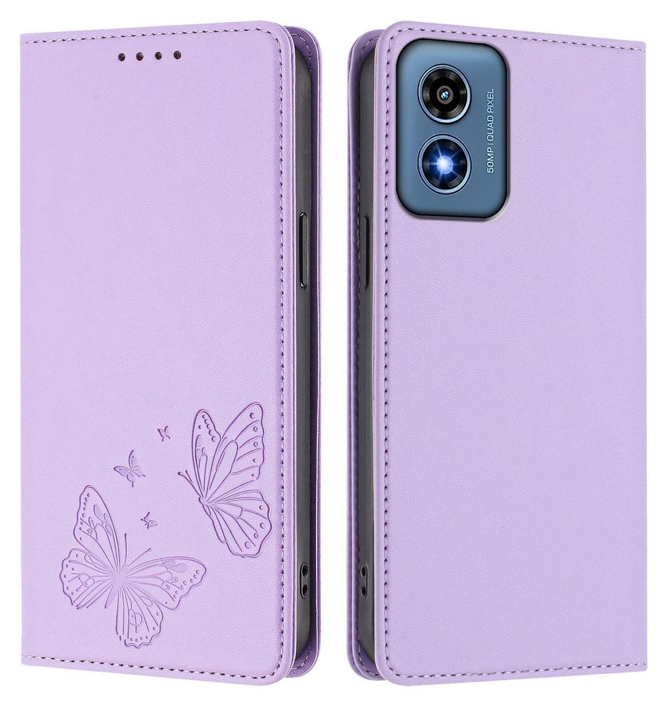 Lederhülle für Motorola Moto G Play 2024 4G, Schmetterling Prägung Leder Brieftasche Schutzhülle mit Ständer Violett