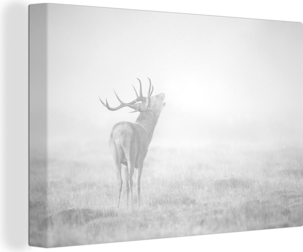 OneMillionCanvasses - Leinwandbilder - 140x90 cm, Röhrende Hirsche im Nebel - schwarz und weiß, Wandbilder Kunstdruck Wanddekoration