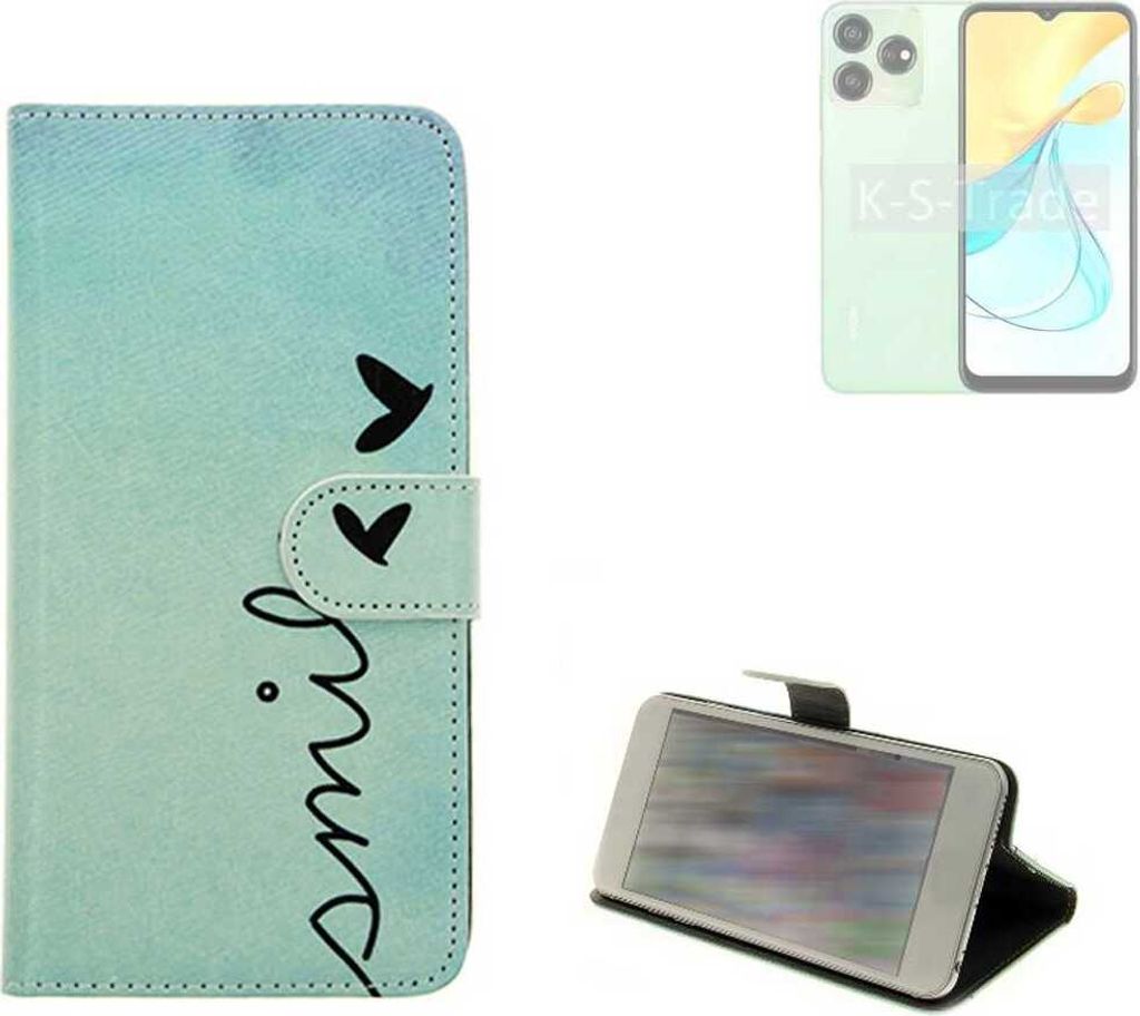 K-S-Trade Schutz Hülle Handy Hülle kompatibel mit ZTE Axon 50 Lite Hülle Handyhülle cover bookstyle Etui Handyhülle “smile“ türkis
