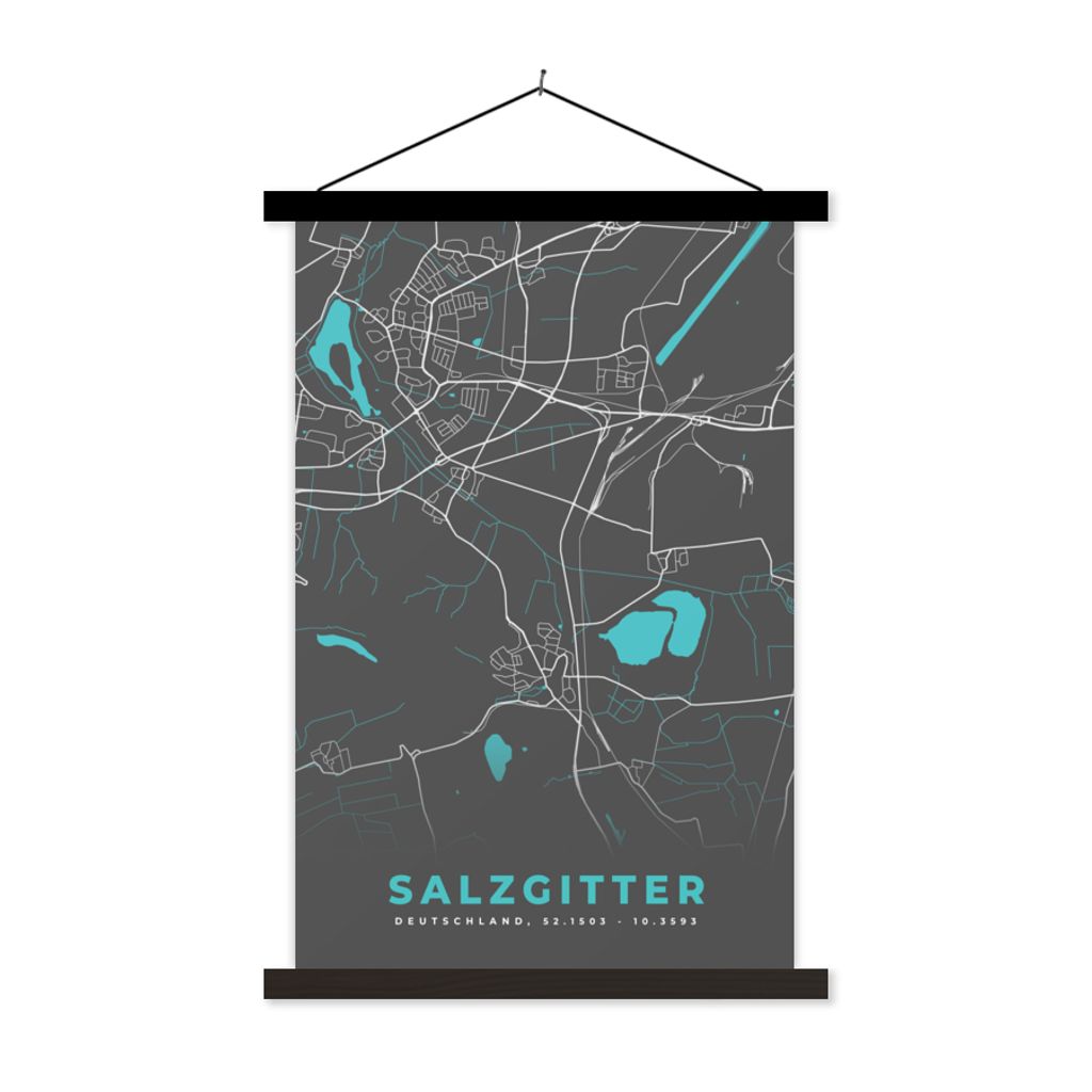 MuchoWow Textilposter Stadtplan - Karte - Salzgitter - Blau - Deutschland - Karte 40x60 cm mit schwarzem Rahmen - Wanddekorationen
