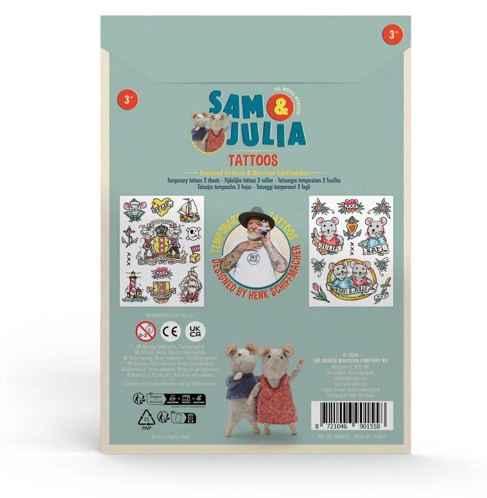 Tatouages temporaires Het Muizenhuis - Encres sûres et motifs Sam et Julia