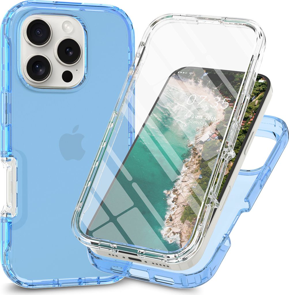 iPhone 16 Pro Hülle, Bumper mit Eingebautem Displayschutz Komplettschutz Schutzhülle für iPhone 16 Pro Hellblau