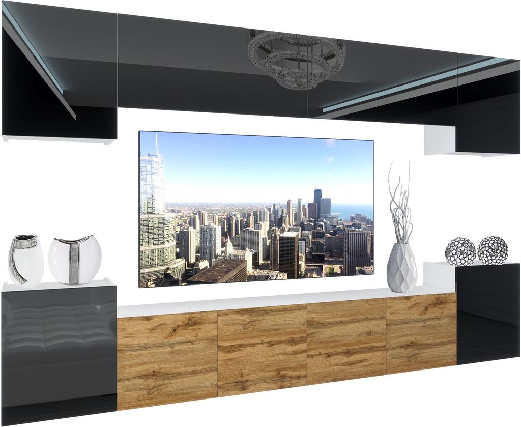 BELINI Wohnwand Wohnzimmer-Set Moderne Schrankwand mit LED-Beleuchtung Weiß Glänzend Anbauwand TV-Schrank Schwarz / Wotan Eiche Glänzend/Matt