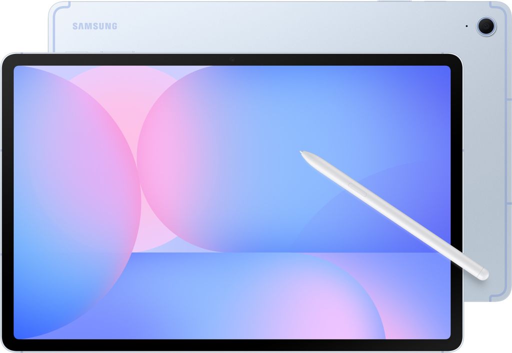 A light blue Samsung tablet with a stylus is shown from the front and back.