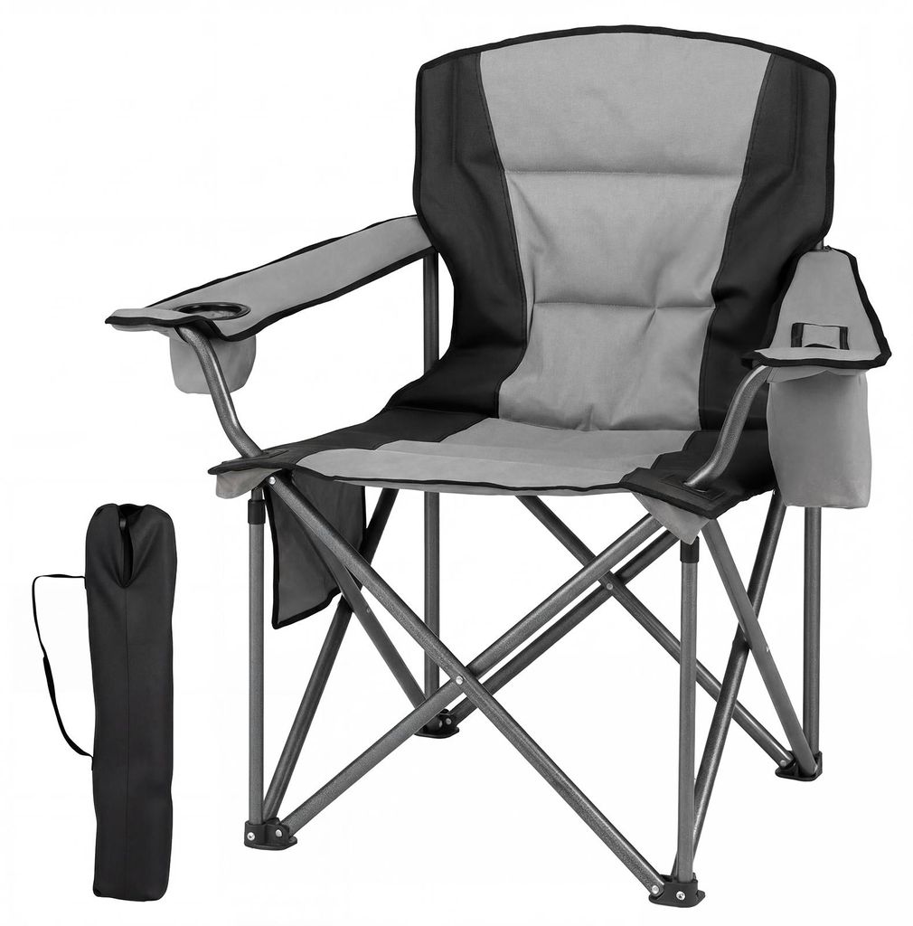 COSTWAY Campingstuhl faltbar XXL 180kg belastbar, Klappstuhl gepolstert, Übergroßer Angelstuhl Faltstuhl mit Kühltasche, Seitentasche & Getränk...