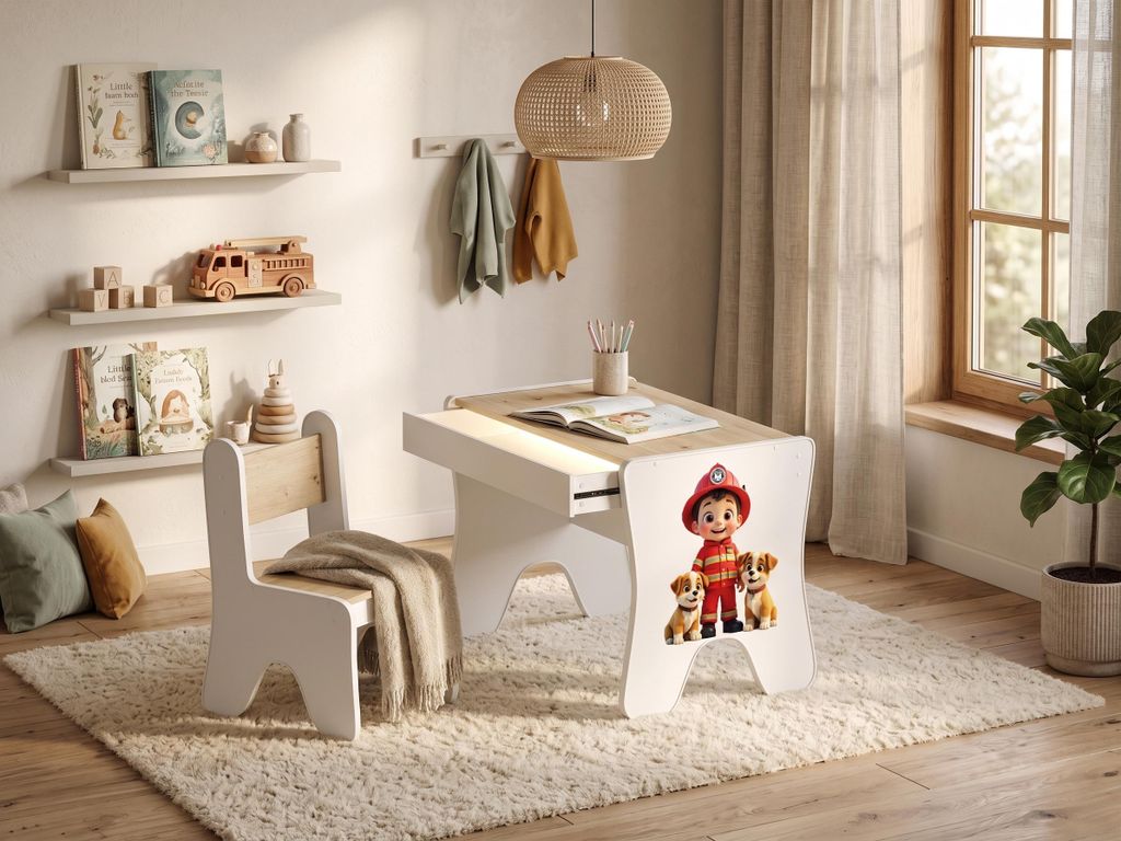 Kinder Schreibtisch mit Stuhl & Schublade | Artisan Eiche | Inklusive & Deko-Stickern | Platzsparendes Set für Kinderzimmer, Feuerwehrmann