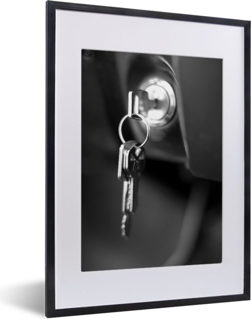 MuchoWow Gerahmtes Poster Schlüssel im Zündschloss eines Oldtimers - schwarz und weiß 30x40 cm - Poster mit Schwarzem Bilderrahmen Wandposter ...