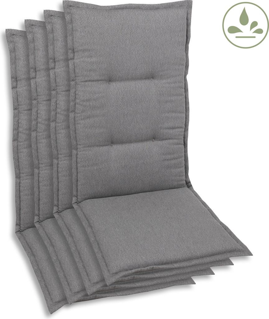 A stack of four gray chair cushions.