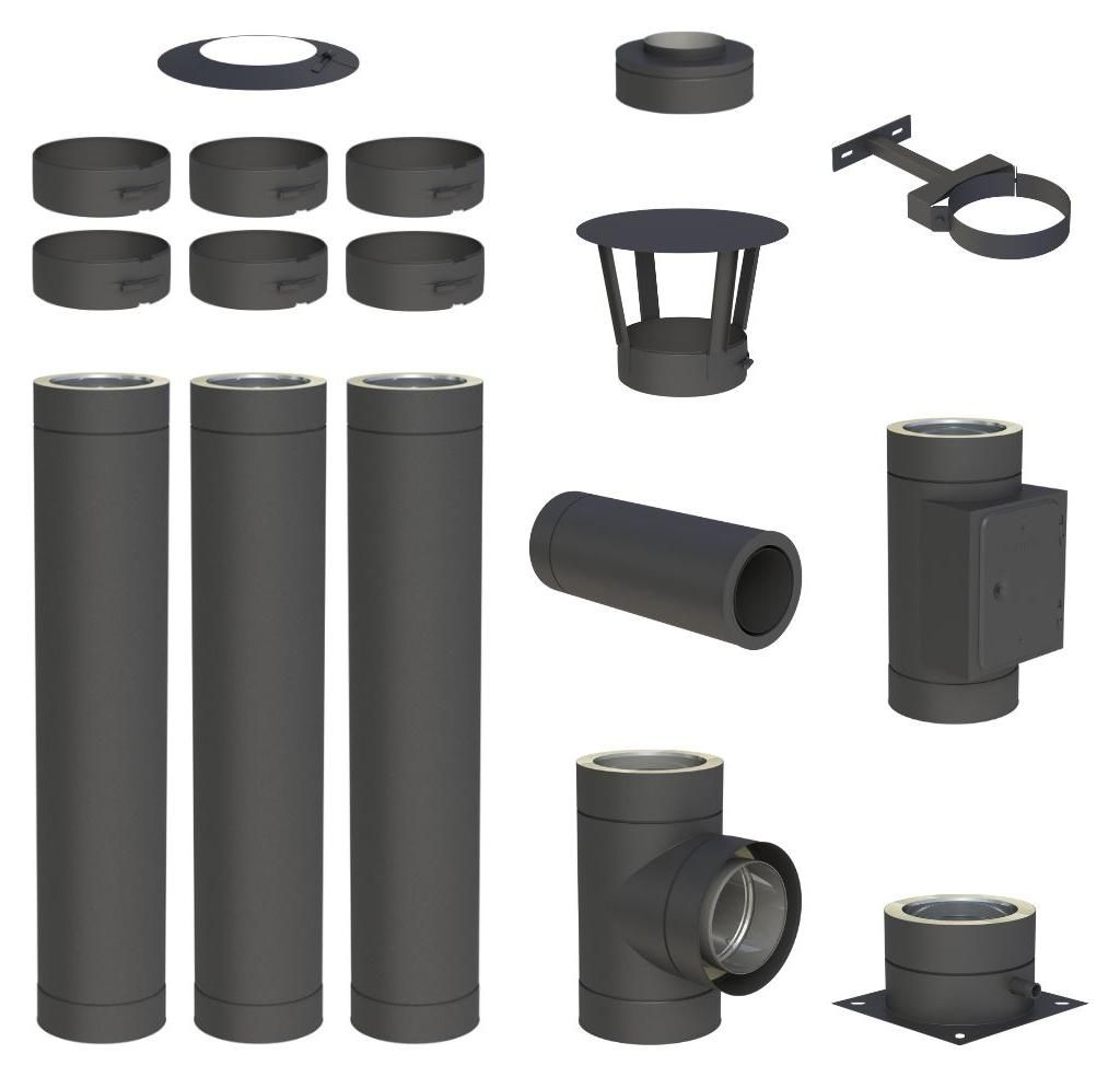 3,8 m Edelstahlschornstein Ø 130 mm Komplettset doppelwandig DW-Black Bodenmontage