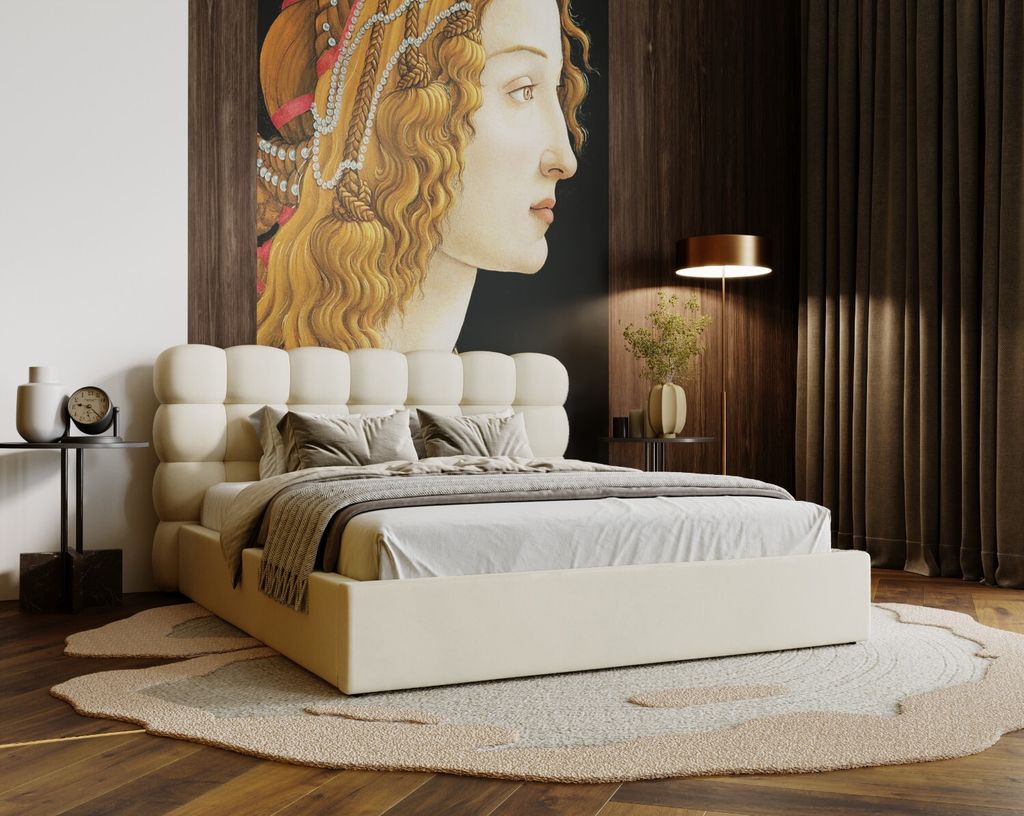 ADIDAR Luxus Polsterbett Vento 140x200 cm - mit Metallrahmen, Bettkasten,Lattenrost & Hoher Komfort - Creme (Amor Velvet 4323)