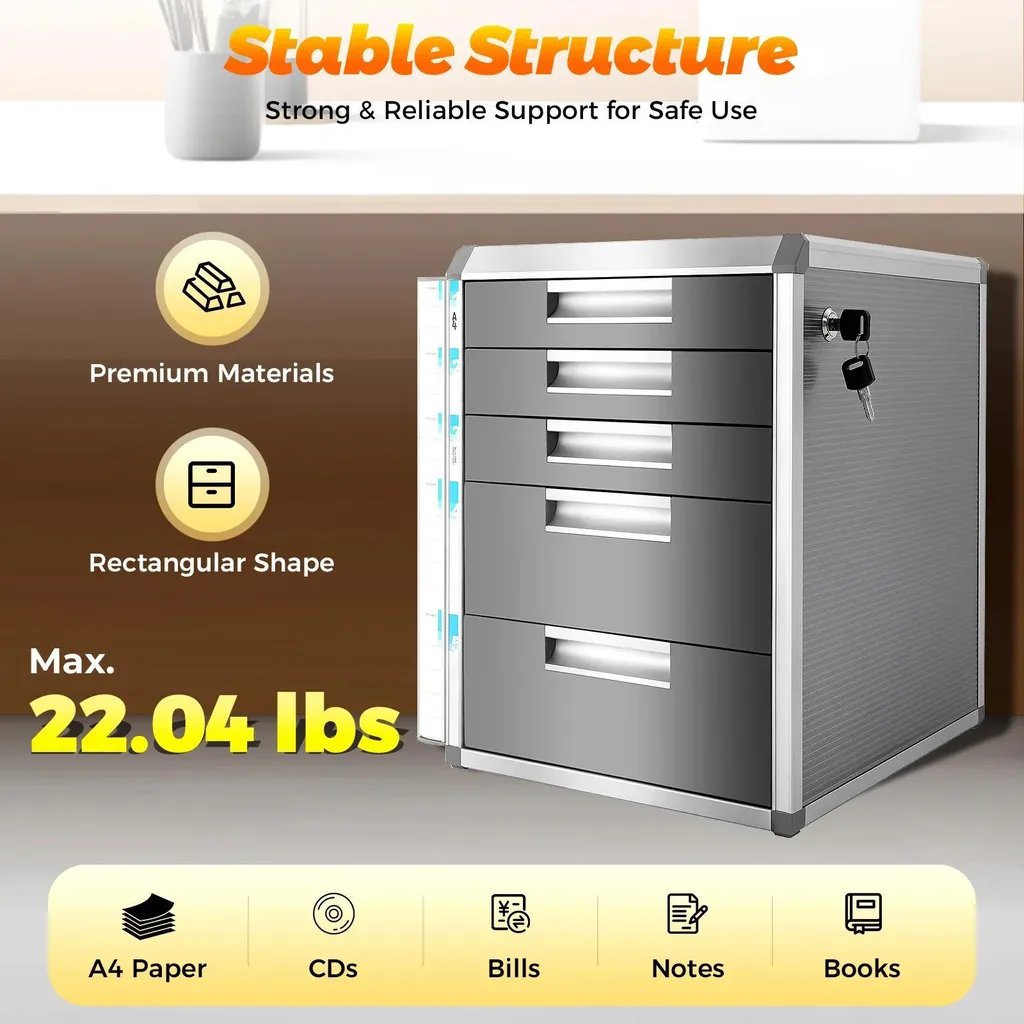 Caisson à tiroirs en aluminium robuste 5 bacs charge max 10 kg gris