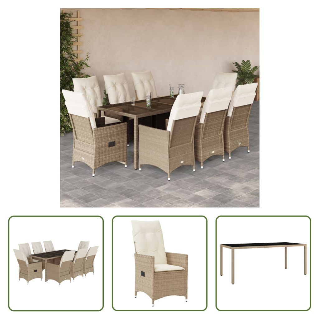 The Living Store 9-tlg. Garten-Essgruppe mit Kissen Beige Poly Rattan