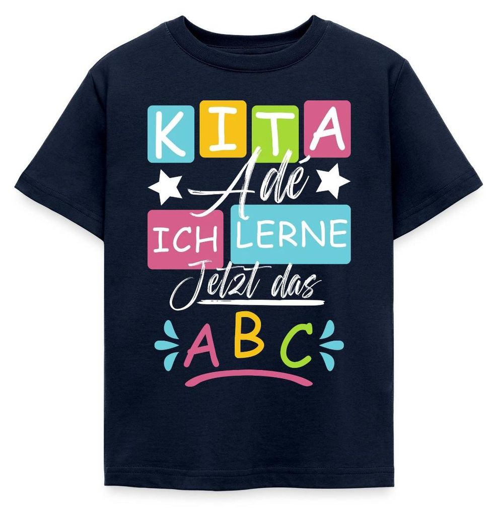 Spreadshirt Kita Ade Ich Lerne Jetzt Das ABC Kindergarten-Abschied Kinder T-Shirt, 98/104 (3-4 Jahre), Navy
