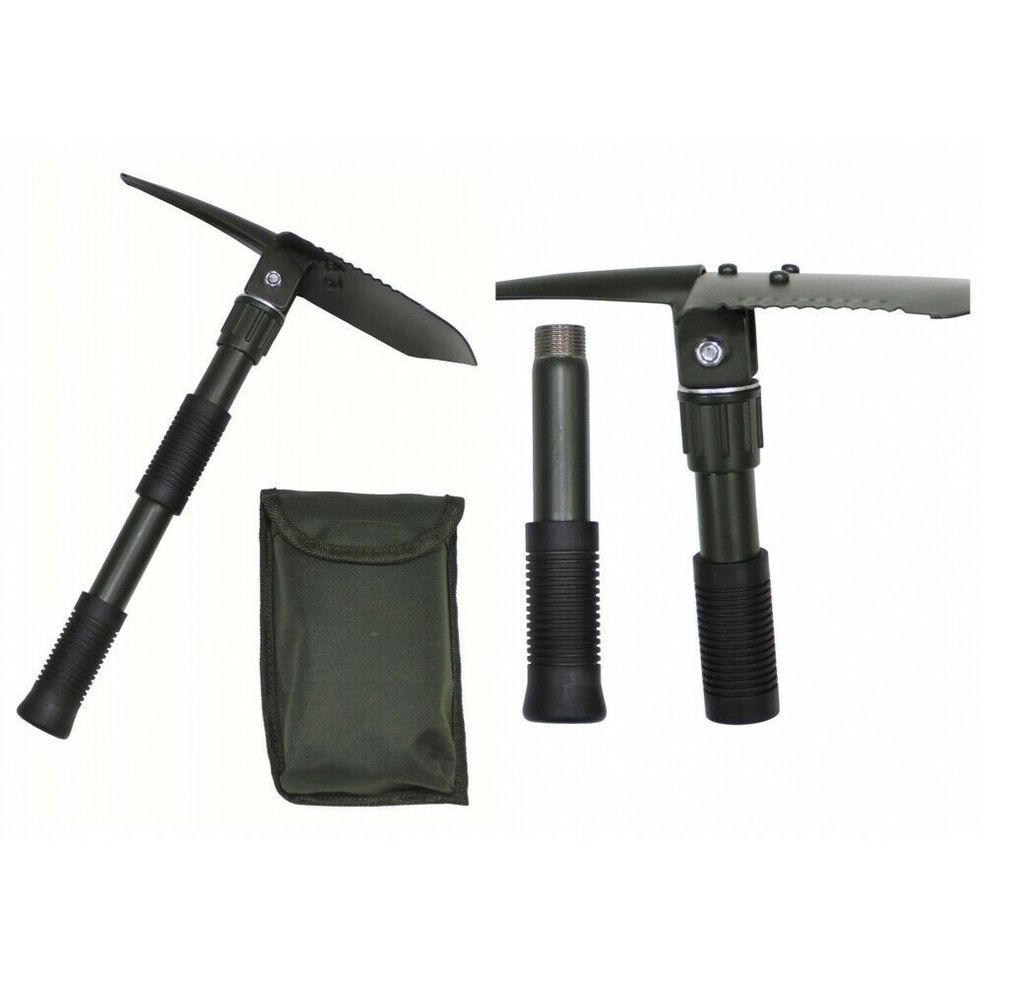 A disassembled multi-tool set including a pickaxe, shovel head, and handle, along with a carrying pouch, laid out against a white background.