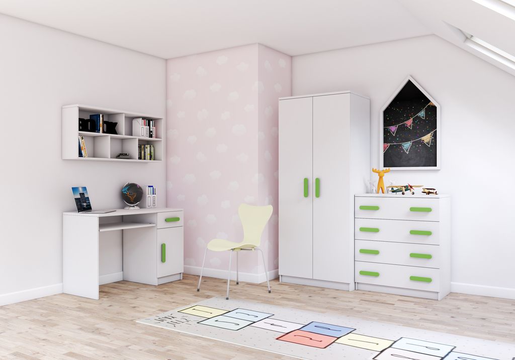 Kinderzimmer-Set Schrank Wandregal Kommode Schreibtisch Weiß/Weiß mit grünen Griffen Jonas I 02