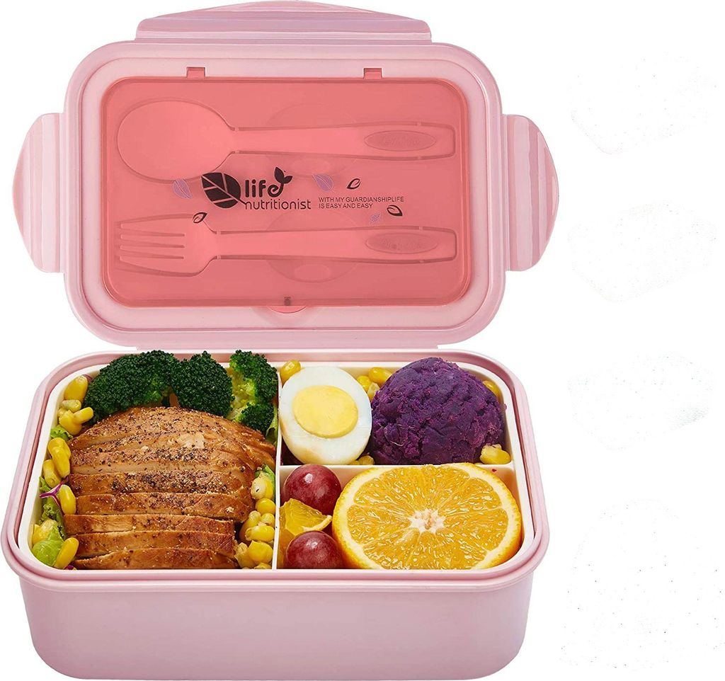 Lunchbox, Brotdose Mit 3 Fächern und Besteck 1400ml, spülmaschinenfest, Auslaufsicher Bento Box für Kinder und Erwachsene