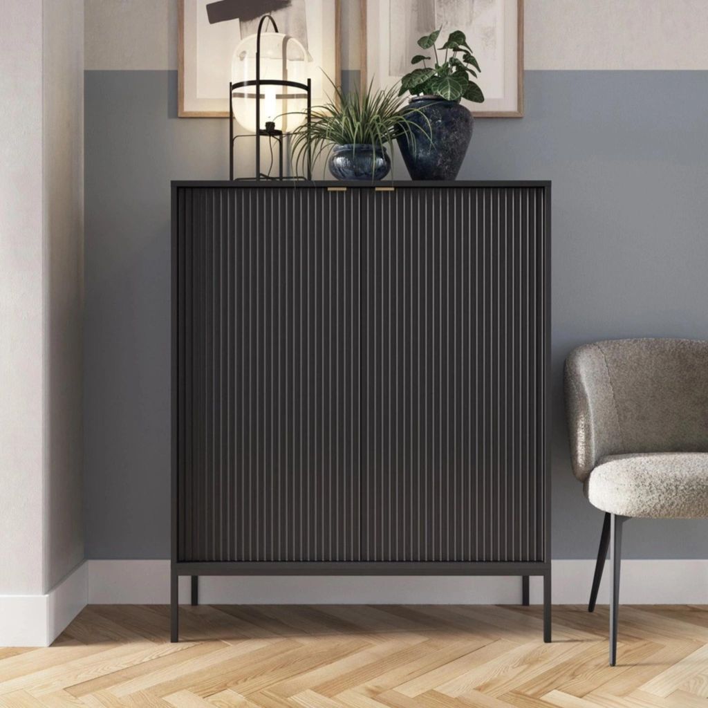 Highboard Kioto 104 cm Schwarz & Schwarz – Rillenfront, Produktbild 