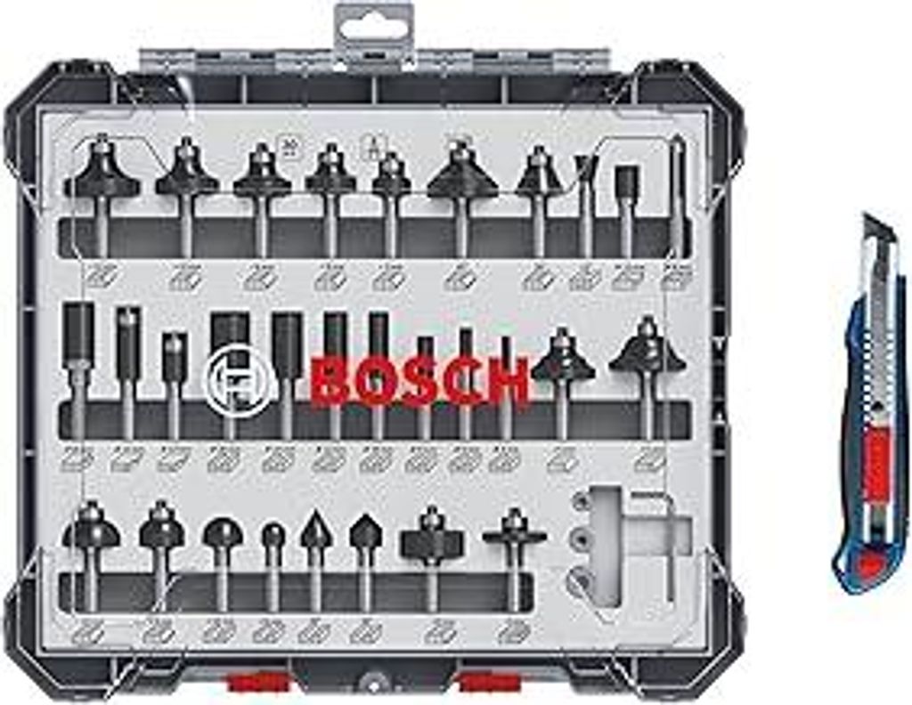 Bosch 30tlg. Fräser Set mit Cuttermesser (für Holz, Ø 8 mm Schaft, Professional Zubehör Oberfräse)